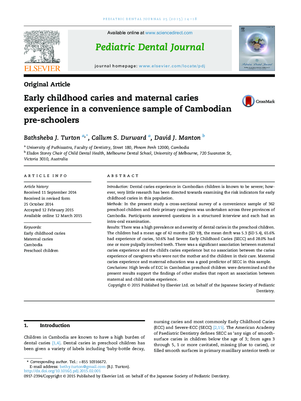 Early childhood caries and maternal caries experience in a convenience sample of Cambodian pre-schoolers