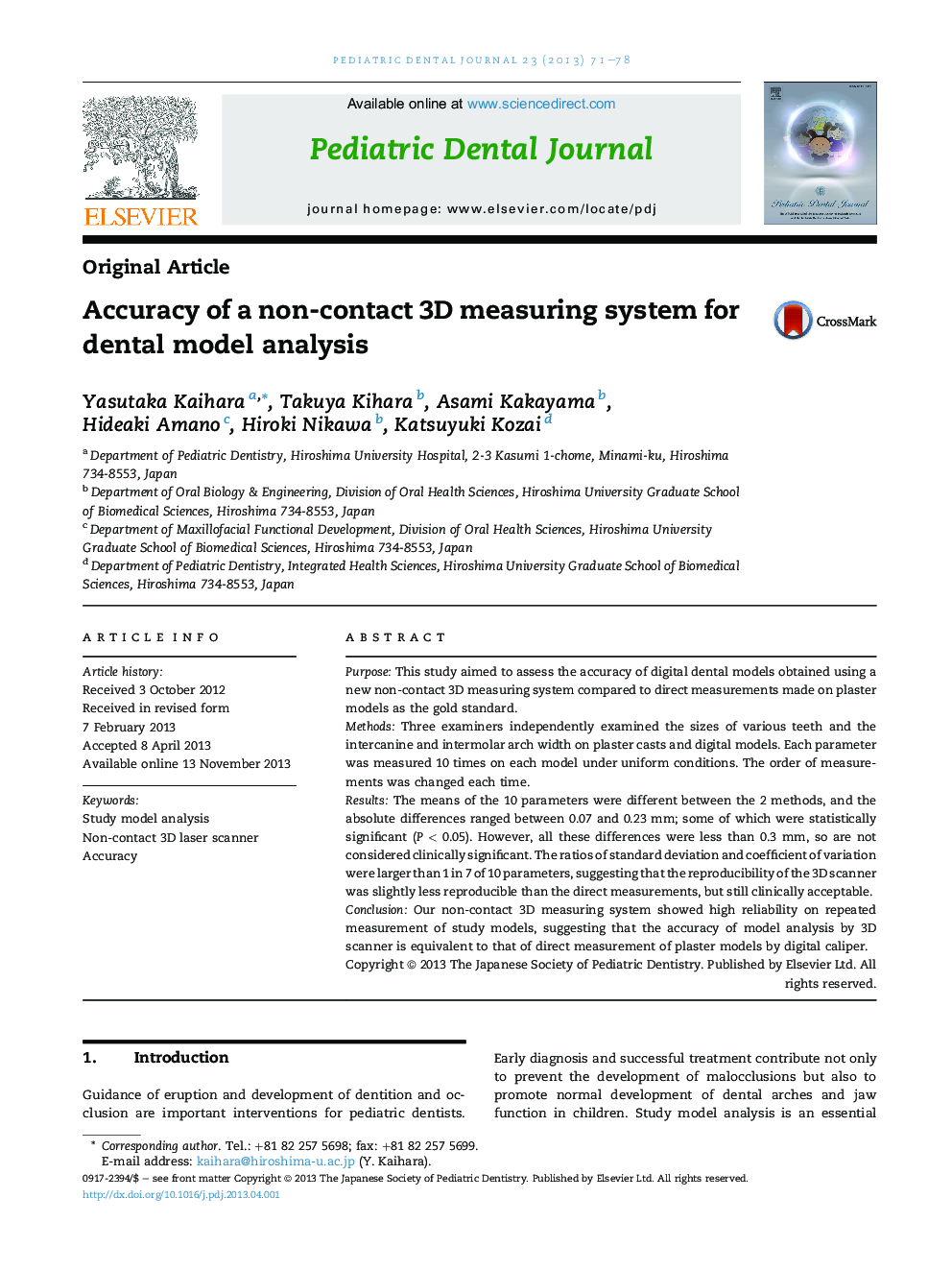 Accuracy of a non-contact 3D measuring system for dental model analysis