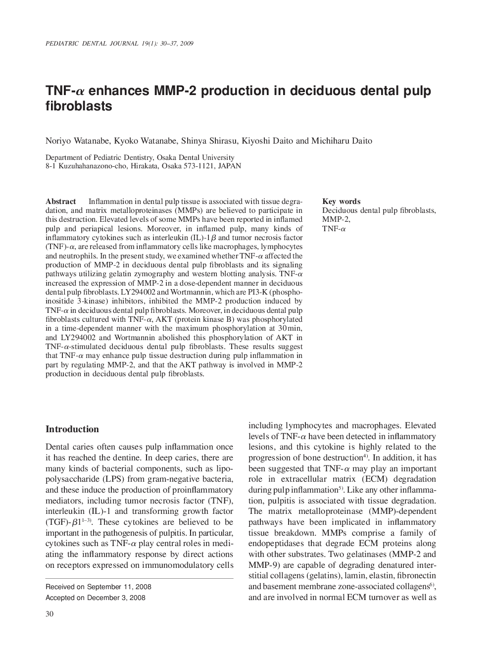 TNF-α enhances MMP-2 production in deciduous dental pulp fibroblasts