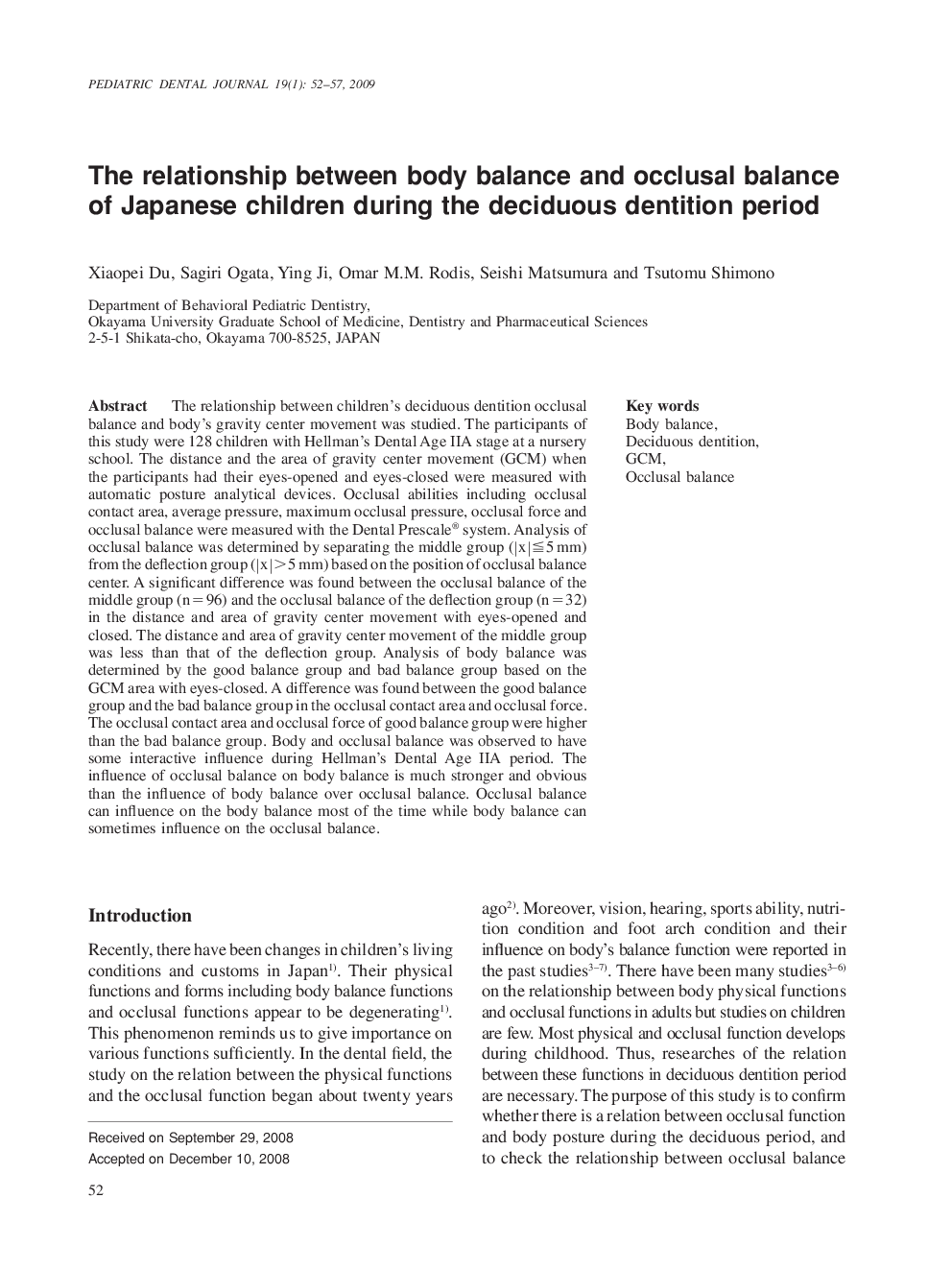 The relationship between body balance and occlusal balance of Japanese children during the deciduous dentition period