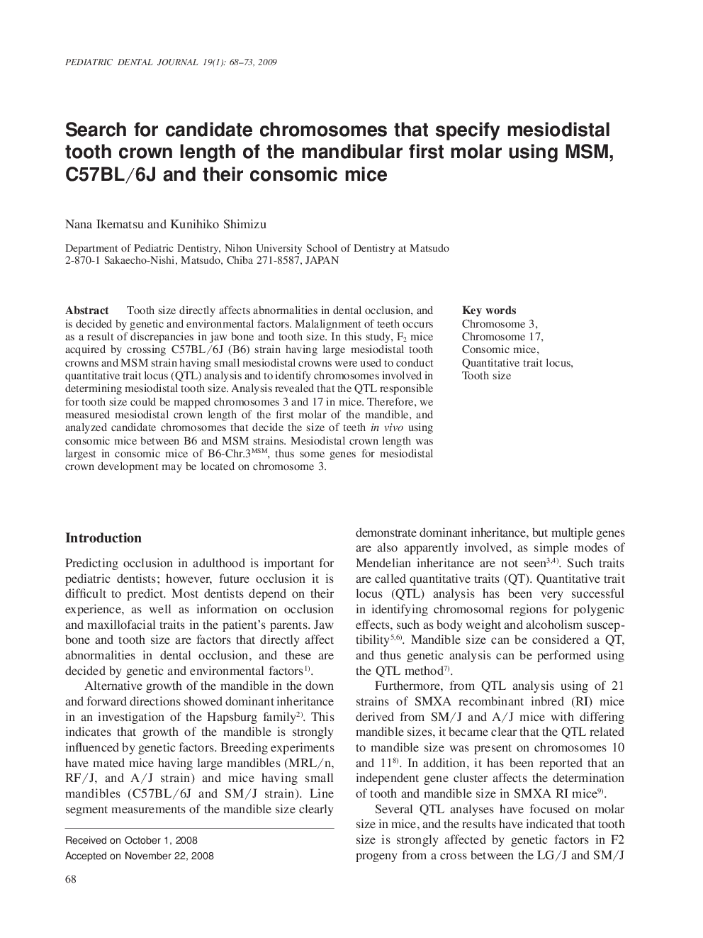 Search for candidate chromosomes that specify mesiodistal tooth crown length of the mandibular first molar using MSM, C57BL/6J and their consomic mice