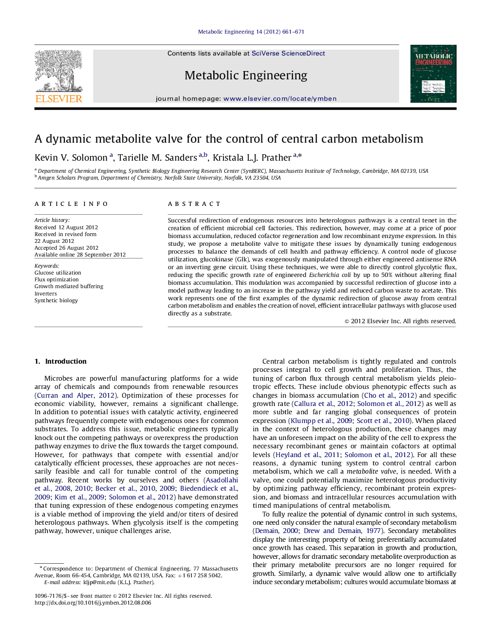 A dynamic metabolite valve for the control of central carbon metabolism