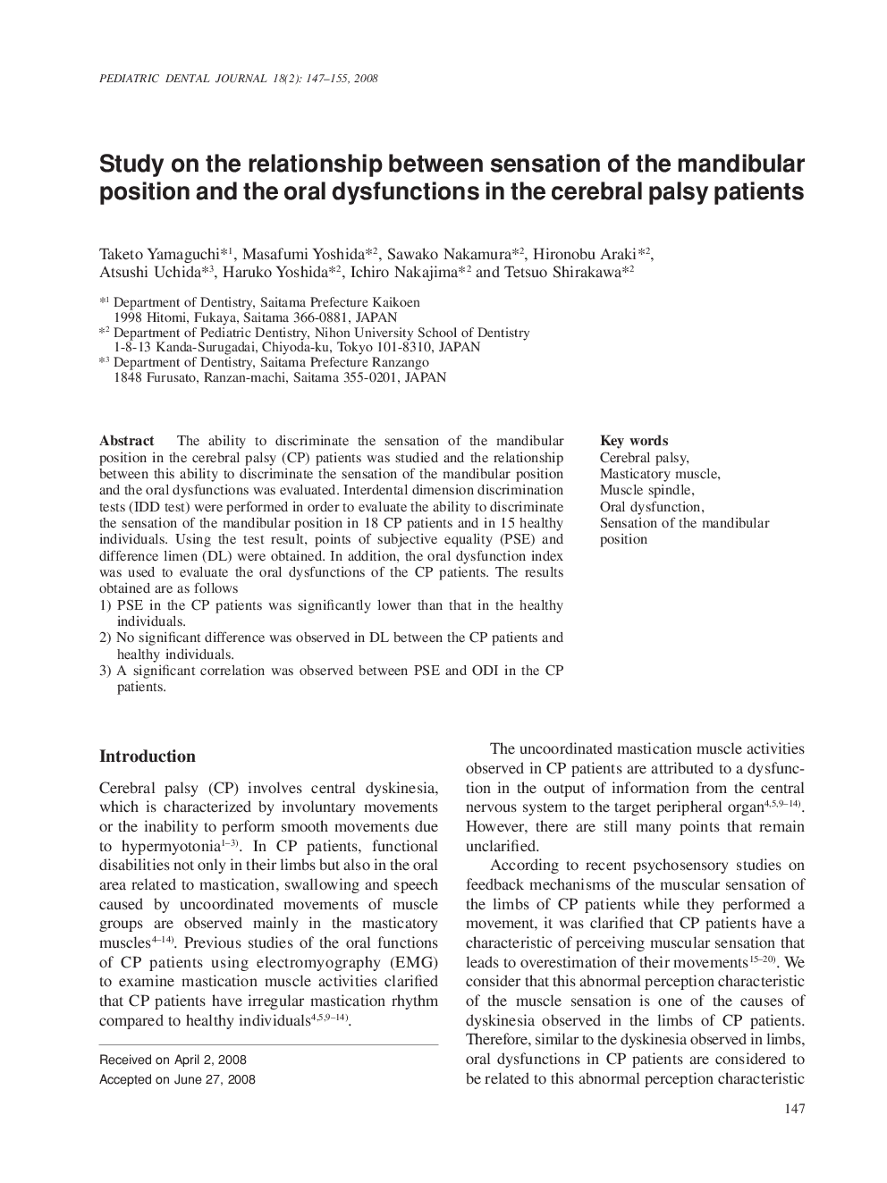 Study on the relationship between sensation of the mandibular position and the oral dysfunctions in the cerebral palsy patients