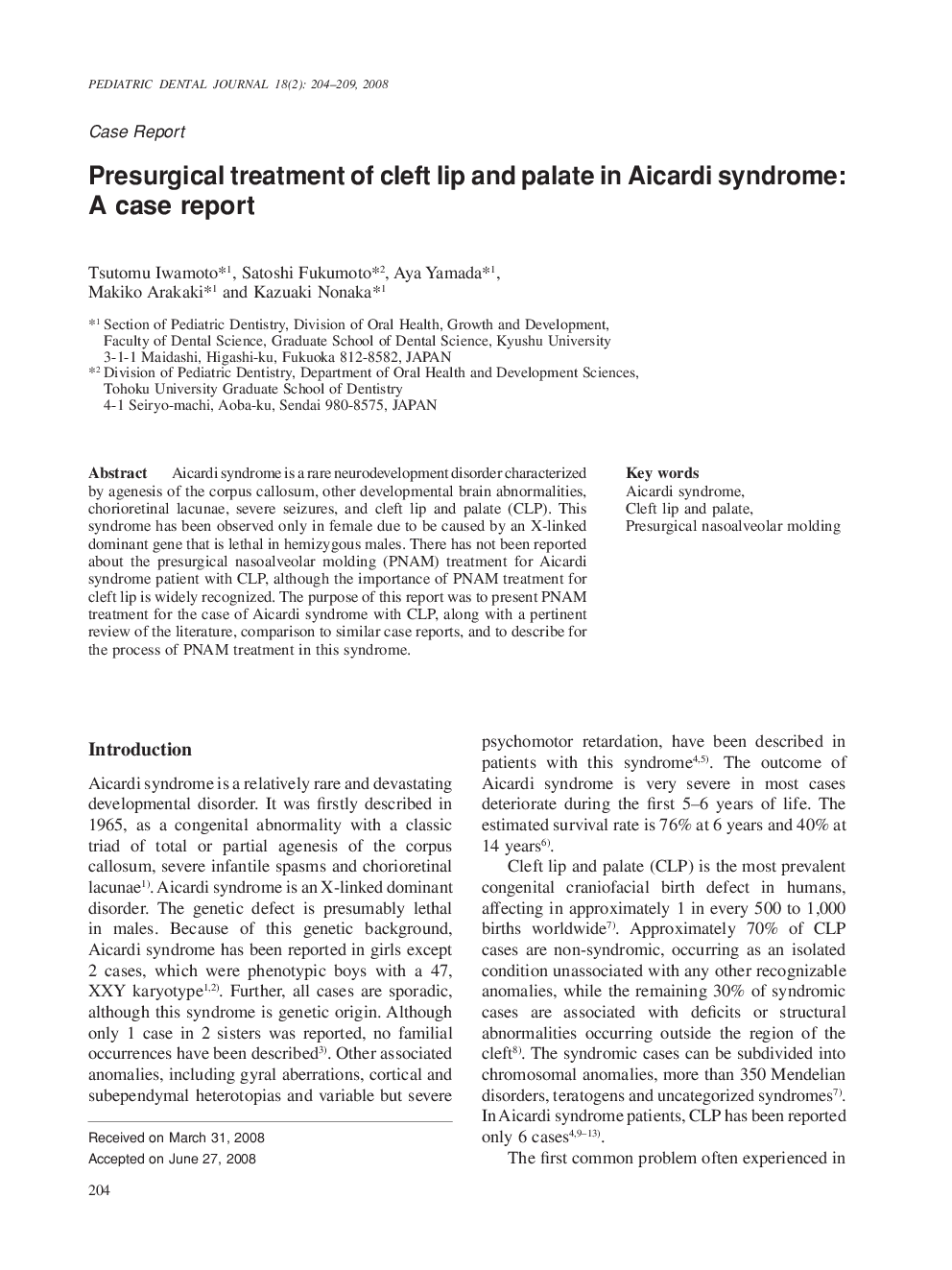 Presurgical treatment of cleft lip and palate in Aicardi syndrome: A case report