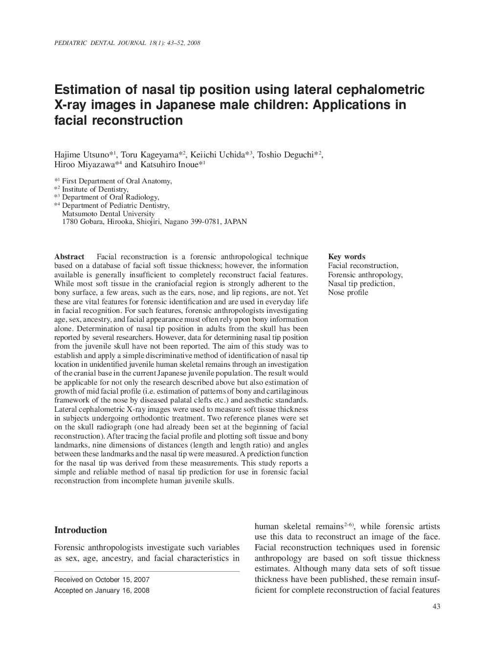 Estimation of nasal tip position using lateral cephalometric X-ray images in Japanese male children: Applications in facial reconstruction