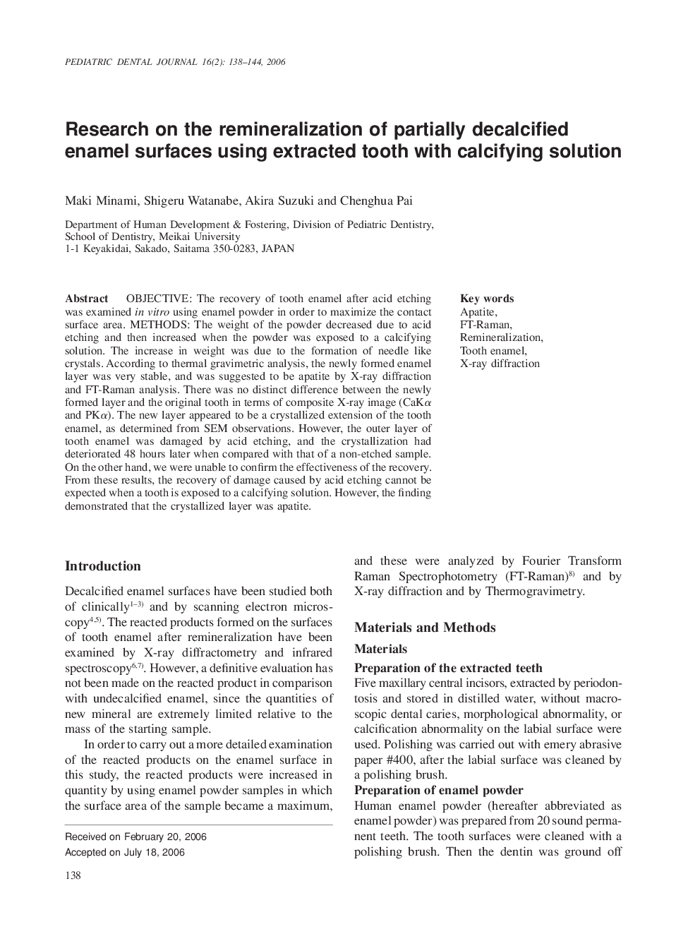 Research on the remineralization of partially decalcified enamel surfaces using extracted tooth with calcifying solution