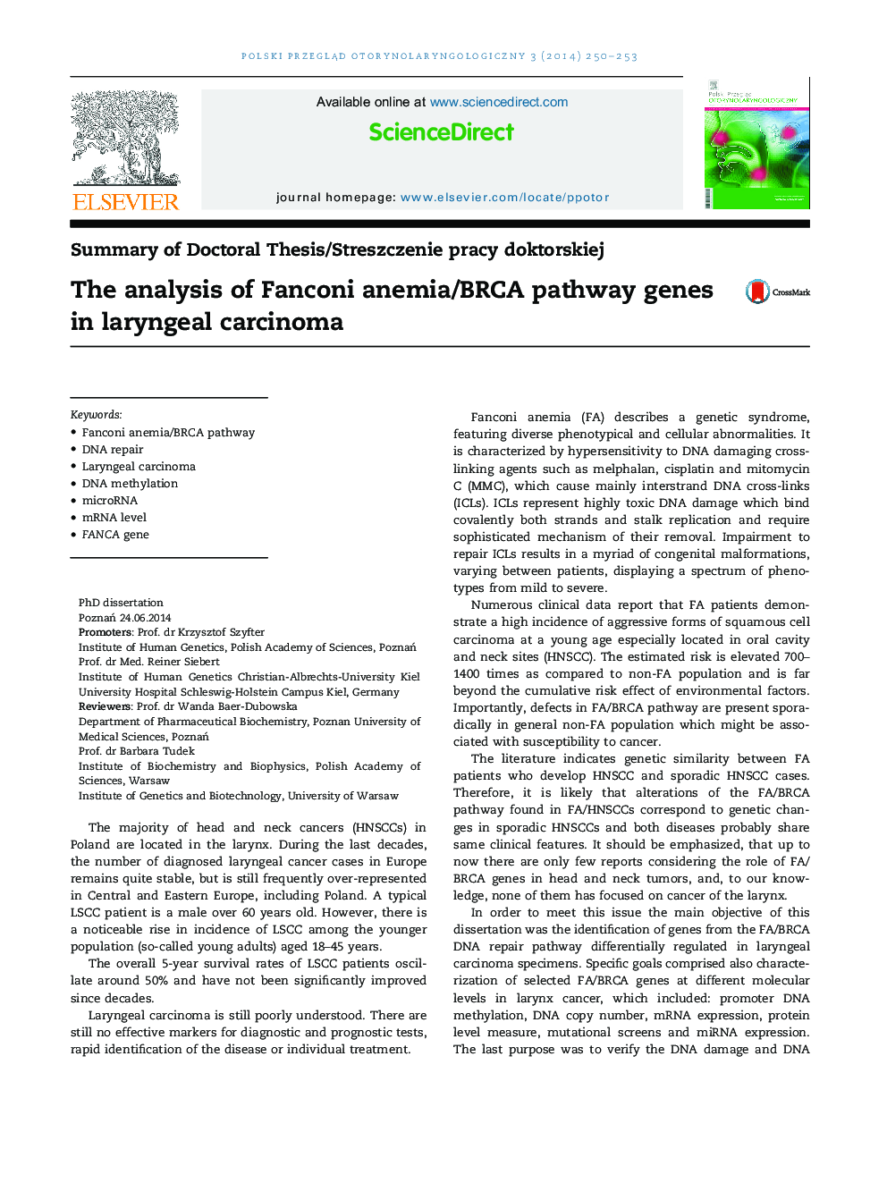 The analysis of Fanconi anemia/BRCA pathway genes in laryngeal carcinoma