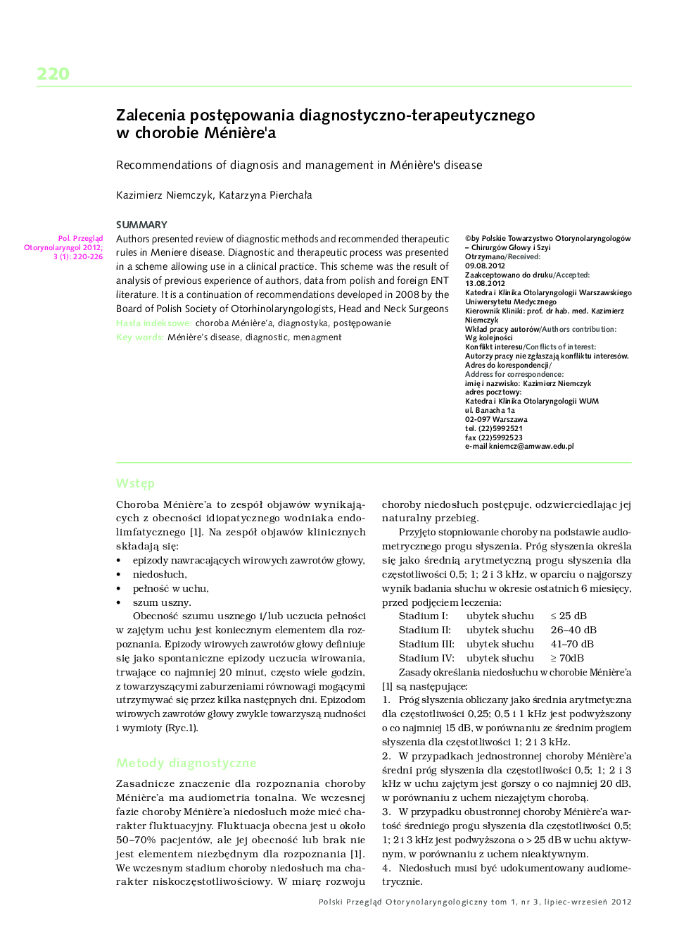 Zalecenia postÄpowania diagnostyczno-terapeutycznego w chorobie MéniÃ¨re'a