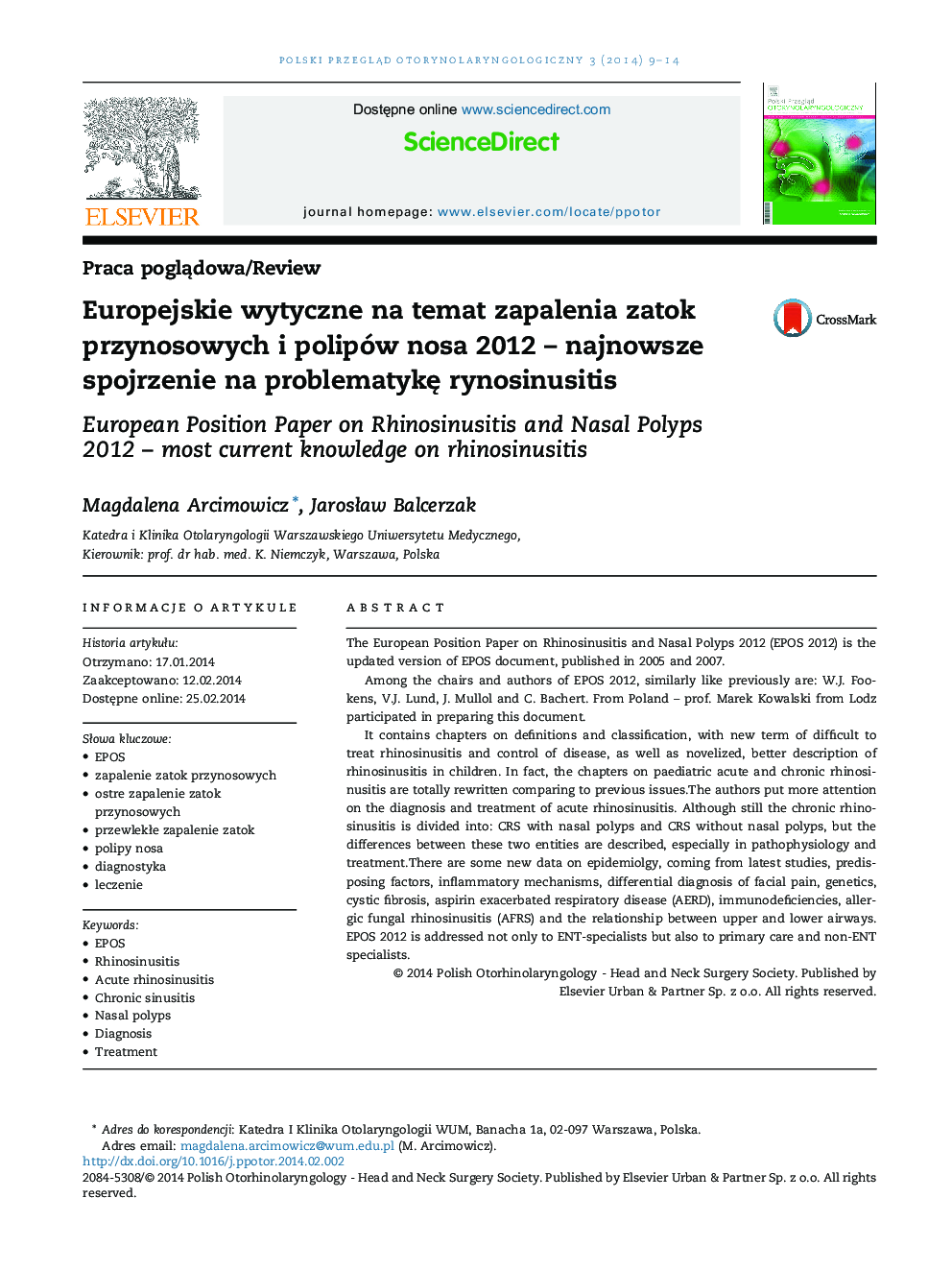 Europejskie wytyczne na temat zapalenia zatok przynosowych i polipów nosa 2012 - najnowsze spojrzenie na problematykÄ rynosinusitis
