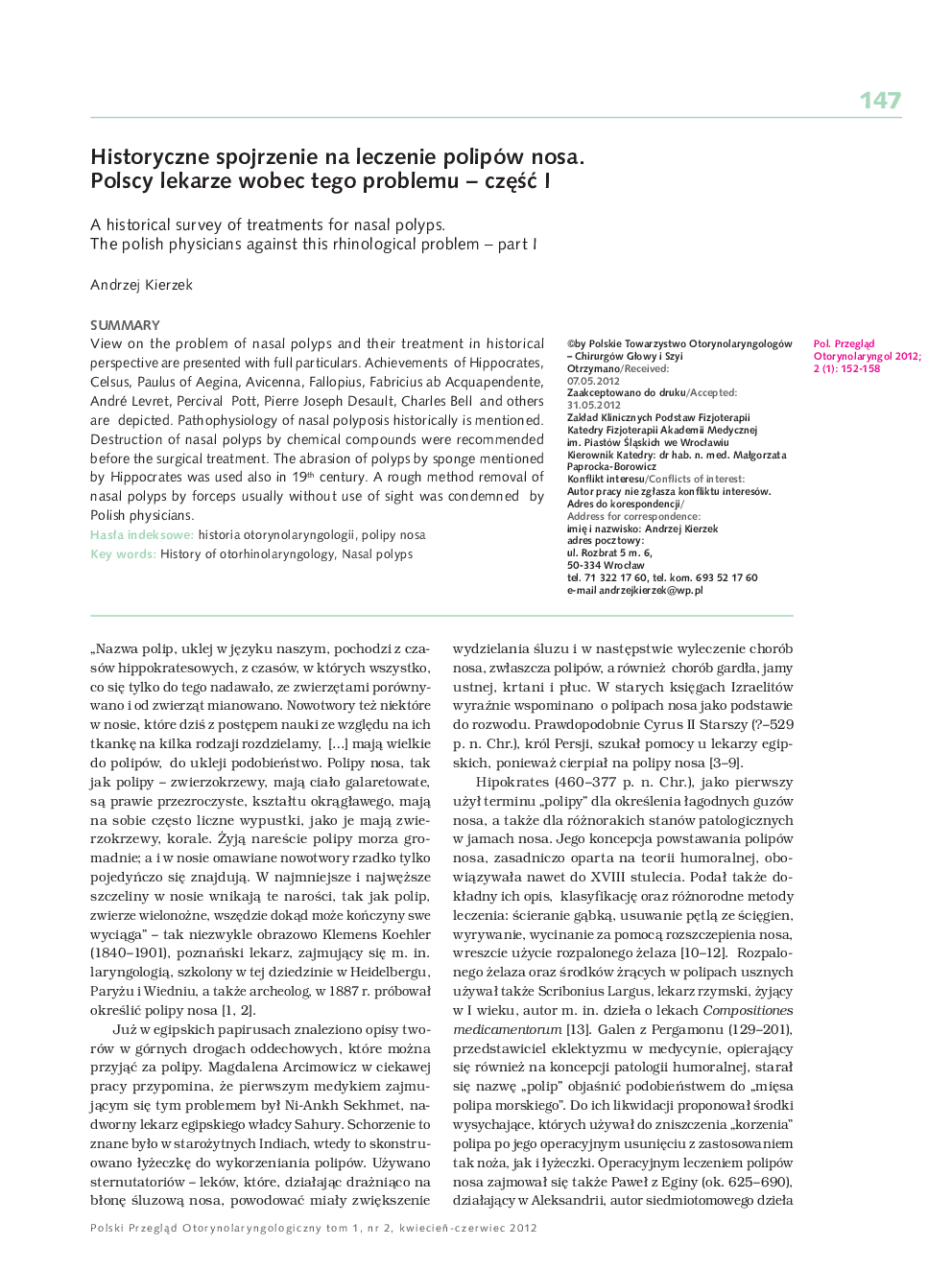 Historyczne spojrzenie na leczenie polipów nosa. Polscy lekarze wobec tego problemu - czÄÅÄ I