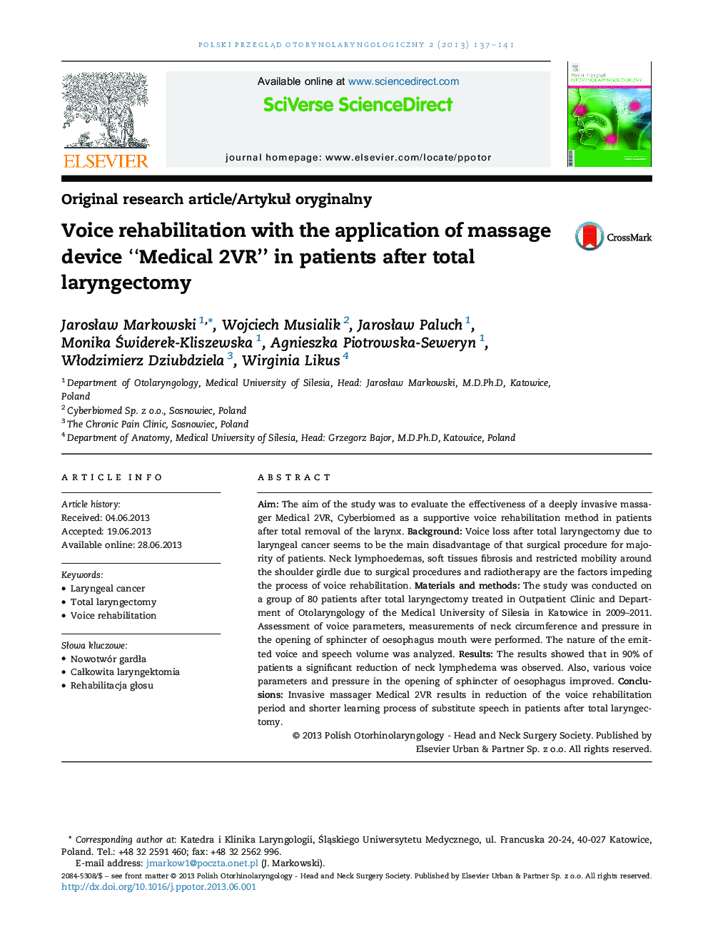 Voice rehabilitation with the application of massage device “Medical 2VR” in patients after total laryngectomy