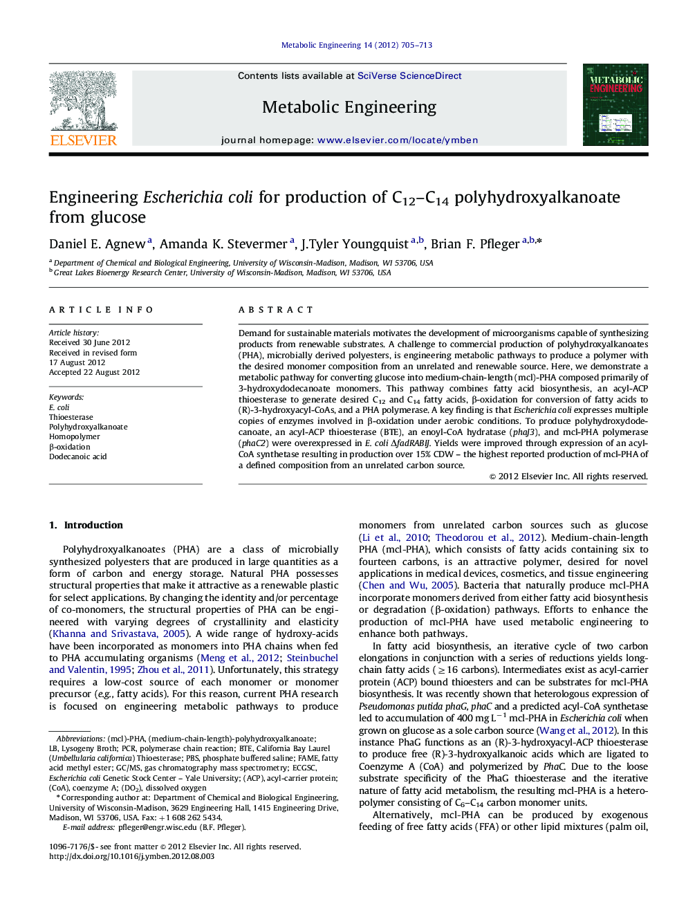 Engineering Escherichia coli for production of C12–C14 polyhydroxyalkanoate from glucose