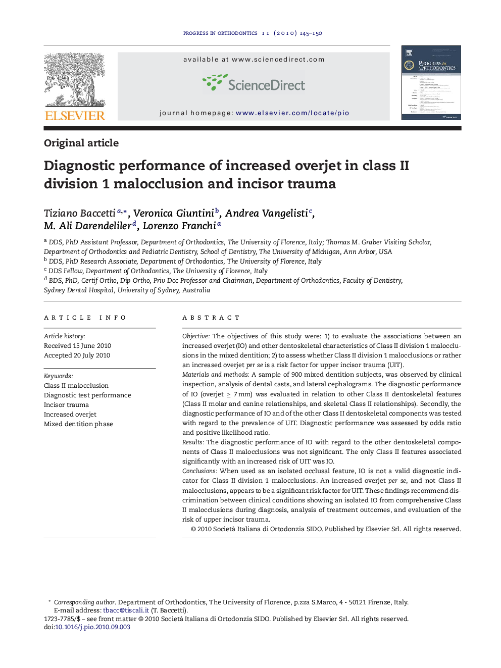 Diagnostic performance of increased overjet in class II division 1 malocclusion and incisor trauma