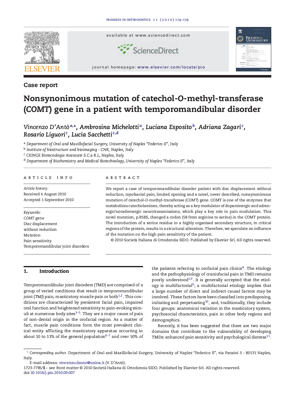 Nonsynonimous mutation of catechol-O-methyl-transferase (COMT) gene in a patient with temporomandibular disorder