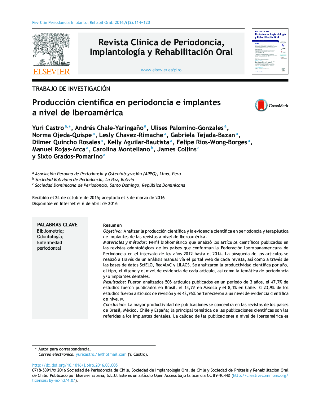 Producción científica en periodoncia e implantes a nivel de Iberoamérica