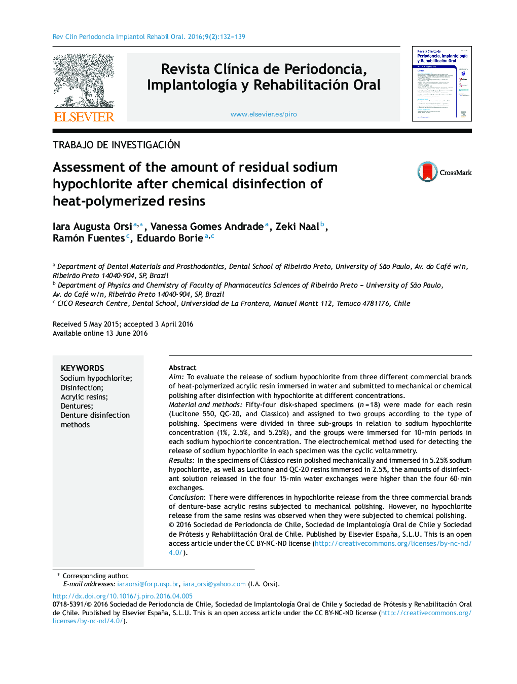 Assessment of the amount of residual sodium hypochlorite after chemical disinfection of heat-polymerized resins