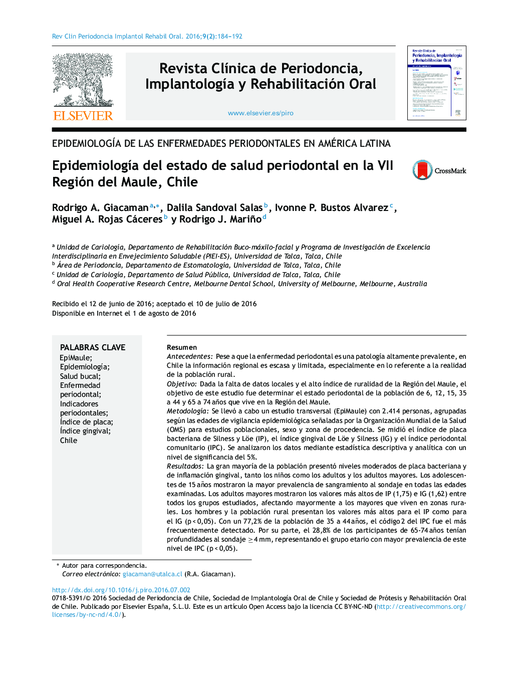 Epidemiología del estado de salud periodontal en la VII Región del Maule, Chile