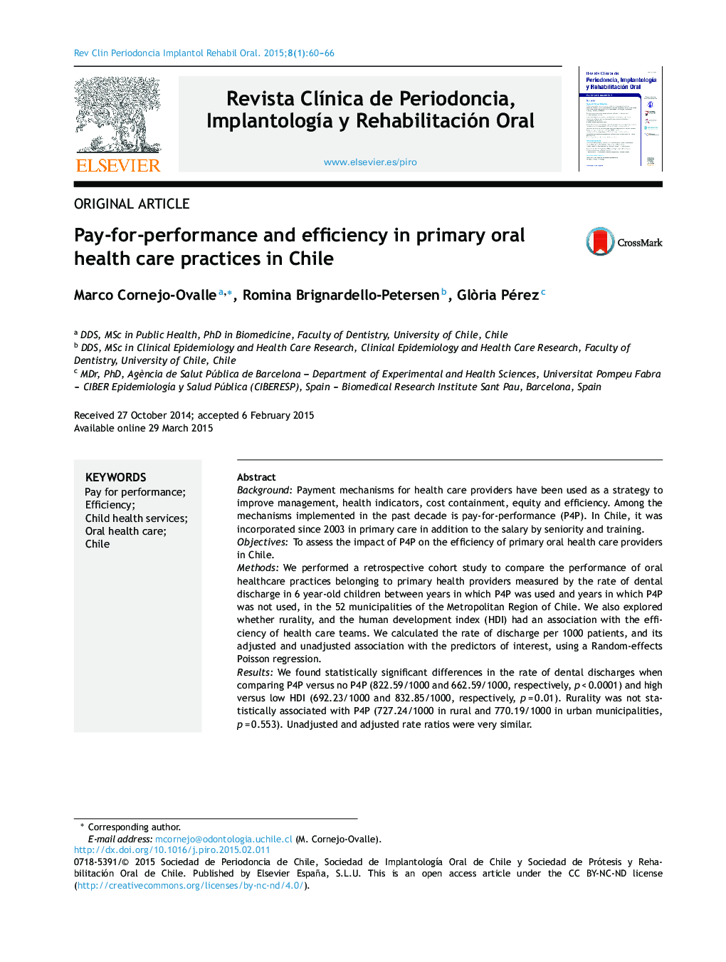 Pay-for-performance and efficiency in primary oral health care practices in Chile