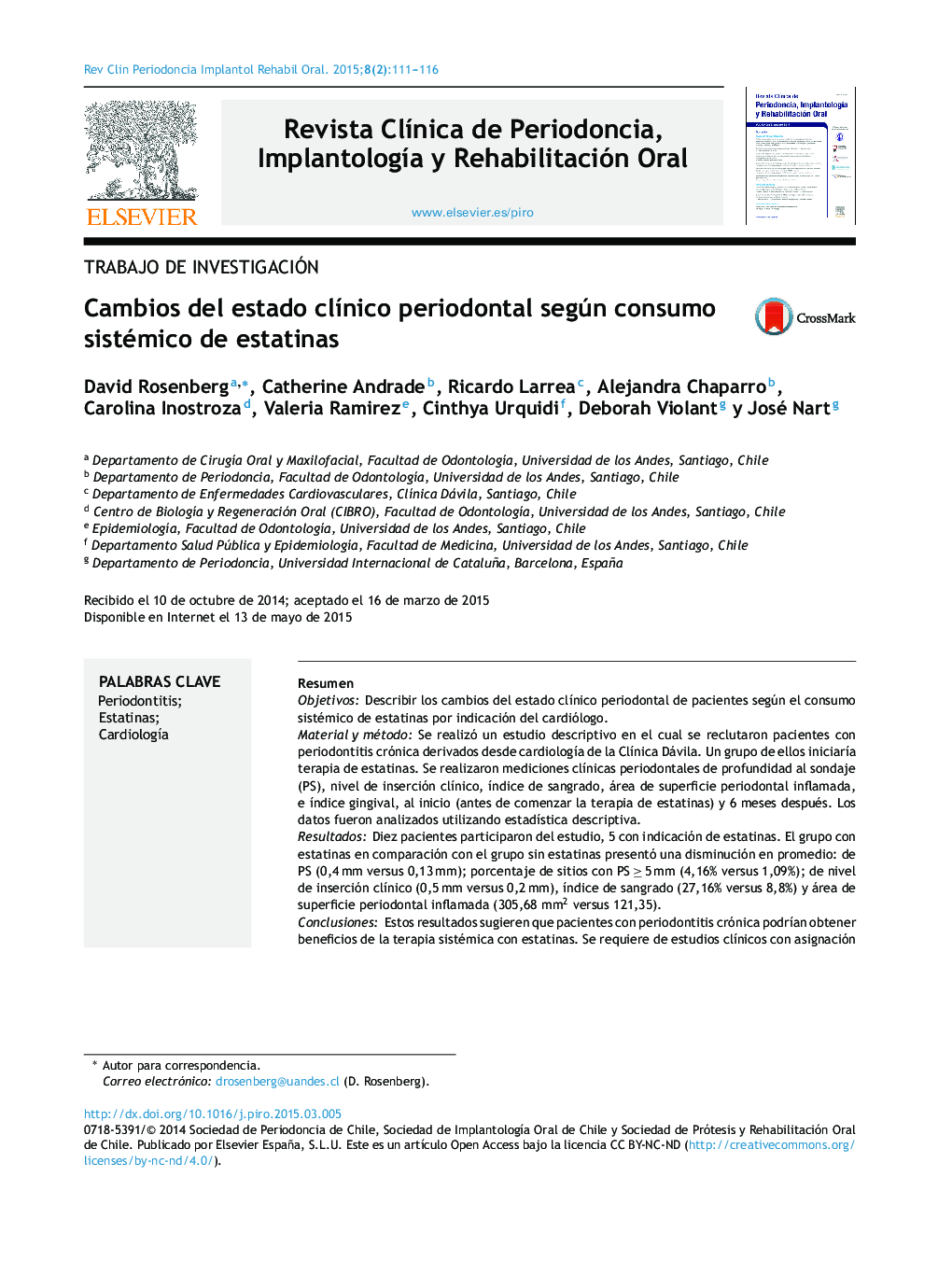 Cambios del estado clínico periodontal según consumo sistémico de estatinas