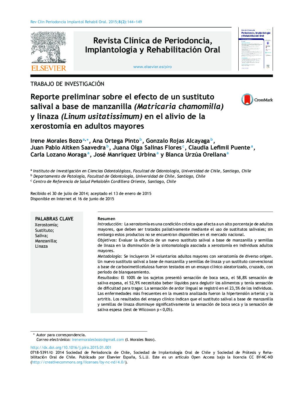 Reporte preliminar sobre el efecto de un sustituto salival a base de manzanilla (Matricaria chamomilla) y linaza (Linum usitatissimum) en el alivio de la xerostomía en adultos mayores