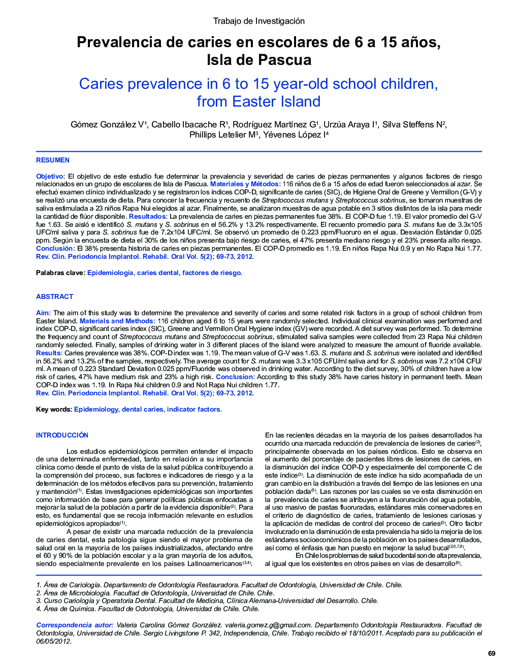 Prevalencia de caries en escolares de 6 a 15 años, Isla de Pascua