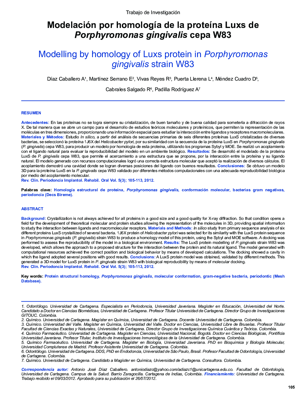 Modelación por homología de la proteína Luxs de Porphyromonas gingivalis cepa W83