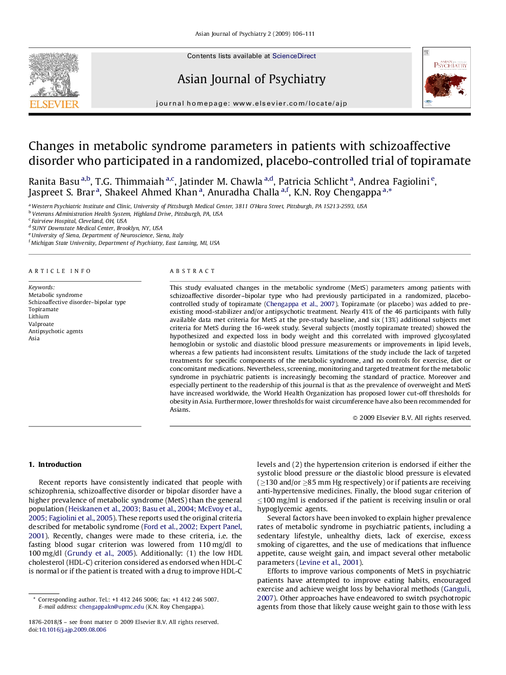 Changes in metabolic syndrome parameters in patients with schizoaffective disorder who participated in a randomized, placebo-controlled trial of topiramate