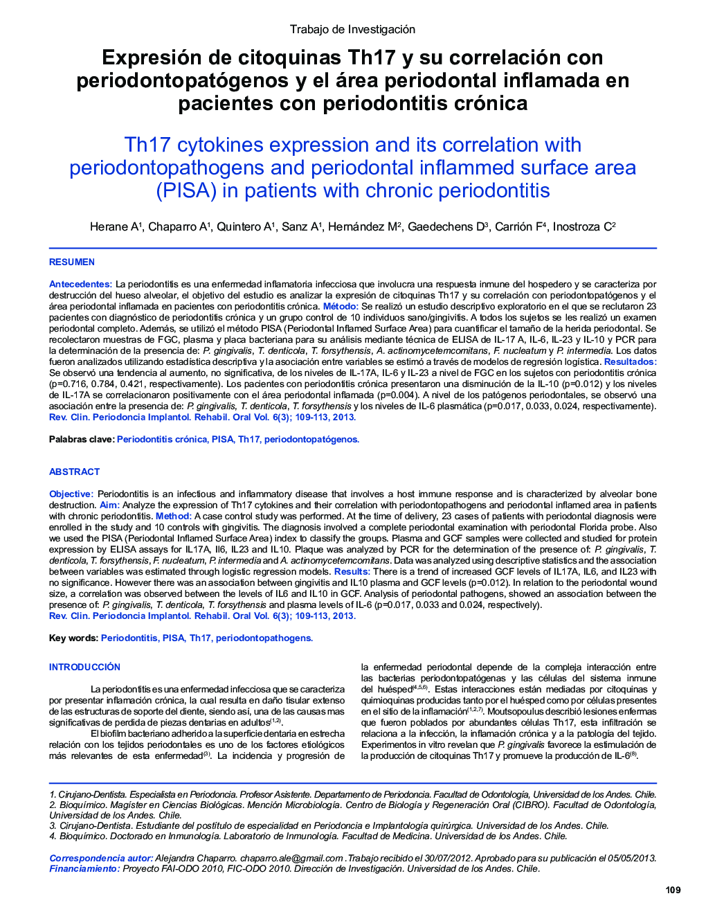 Expresión de citoquinas Th17 y su correlación con periodontopatógenos y el área periodontal inflamada en pacientes con periodontitis crónica