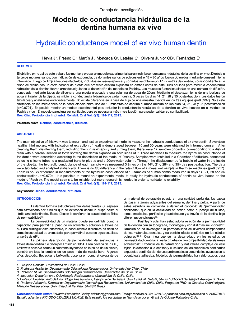 Modelo de conductancia hidráulica de la dentina humana ex vivo