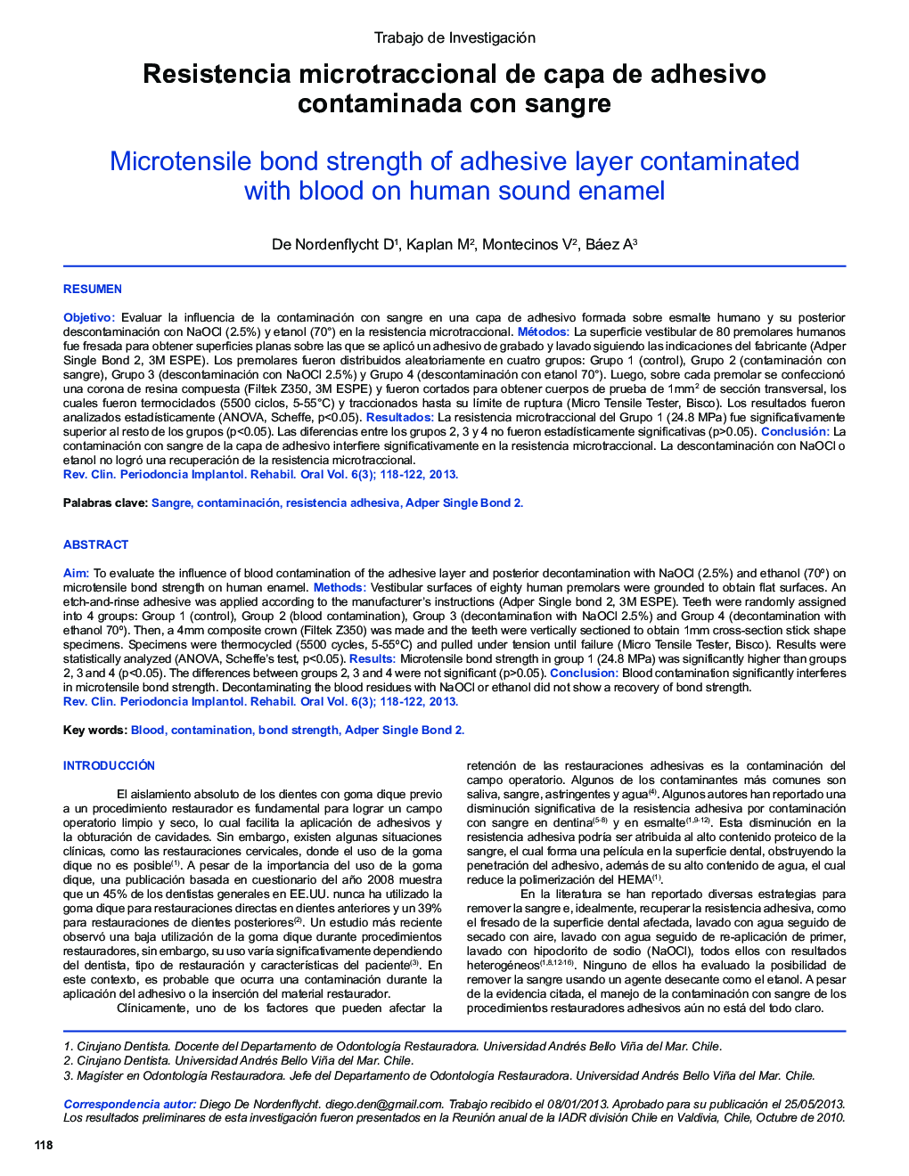 Resistencia microtraccional de capa de adhesivo contaminada con sangre