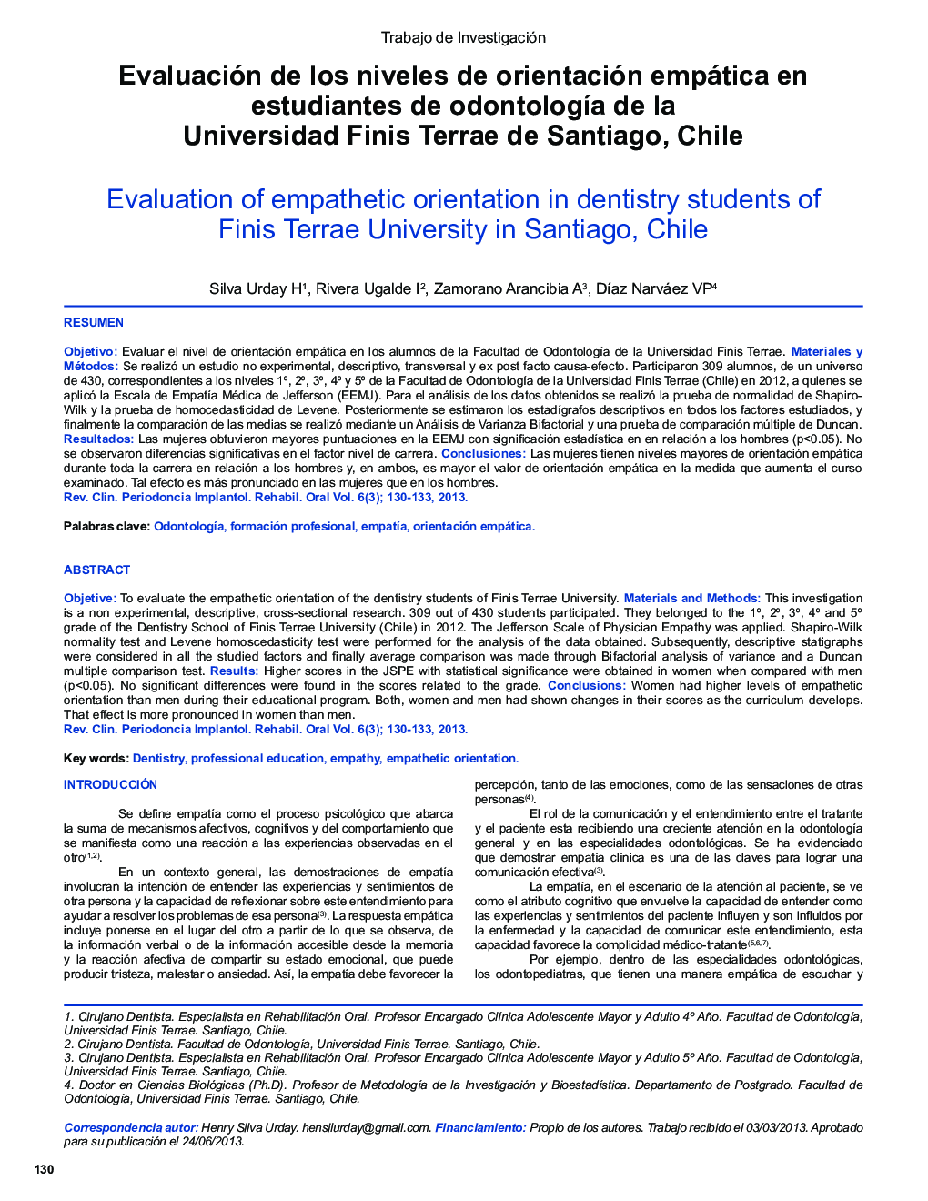 Evaluación de los niveles de orientación empática en estudiantes de odontología de la Universidad Finis Terrae de Santiago, Chile