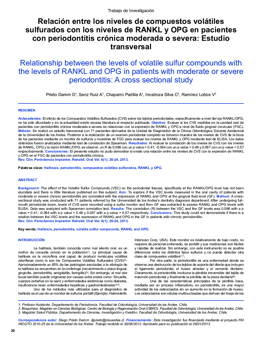 Relación entre los niveles de compuestos volátiles sulfurados con los niveles de RANKL y OPG en pacientes con periodontitis crónica moderada o severa: Estudio transversal