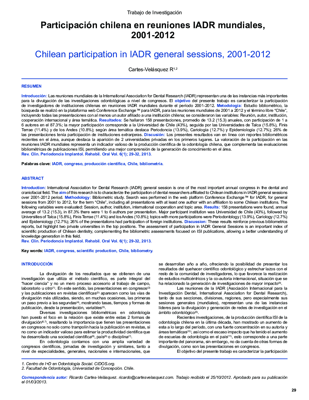 Participación chilena en reuniones IADR mundiales, 2001-2012