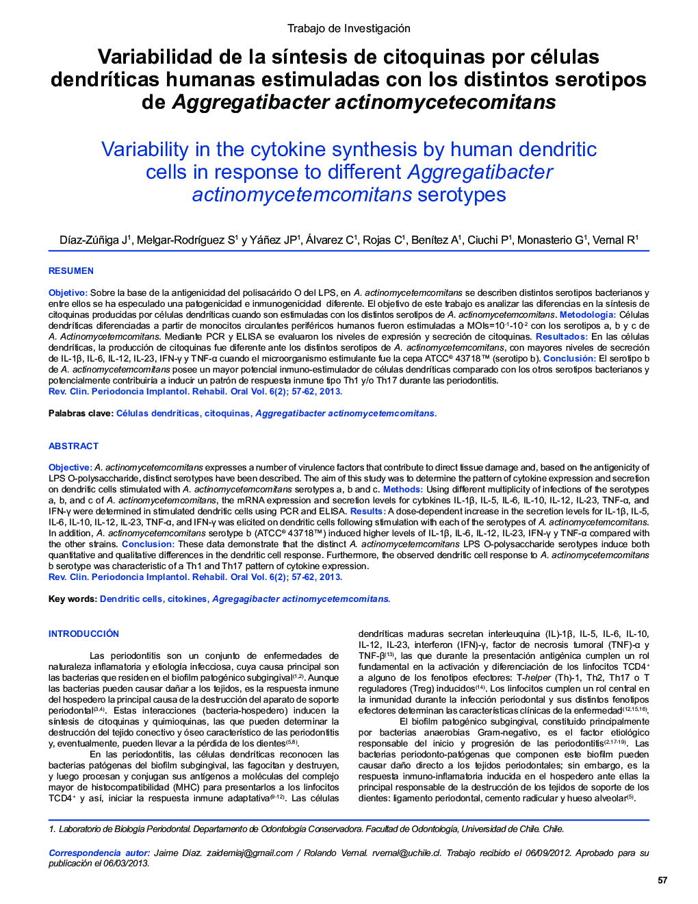 Variabilidad de la síntesis de citoquinas por células dendríticas humanas estimuladas con los distintos serotipos de Aggregatibacter actinomycetecomitans