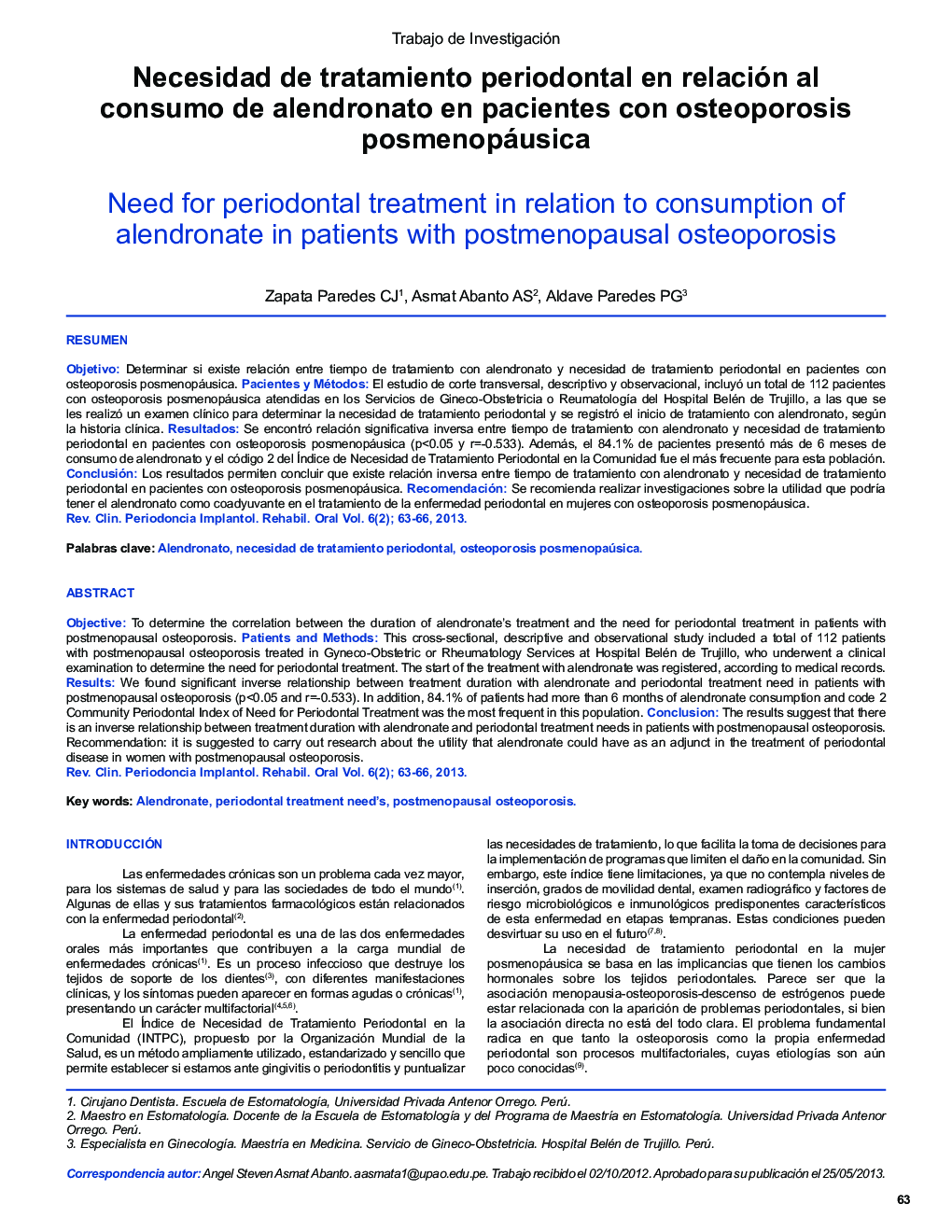 Necesidad de tratamiento periodontal en relación al consumo de alendronato en pacientes con osteoporosis posmenopáusica