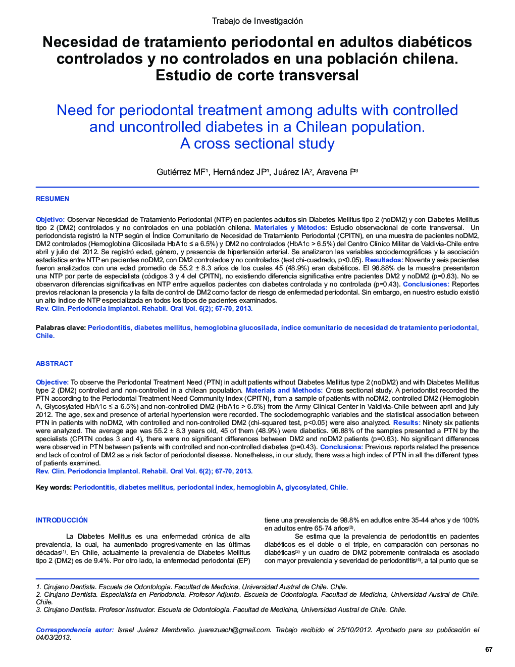 Necesidad de tratamiento periodontal en adultos diabéticos controlados y no controlados en una población chilena. Estudio de corte transversal