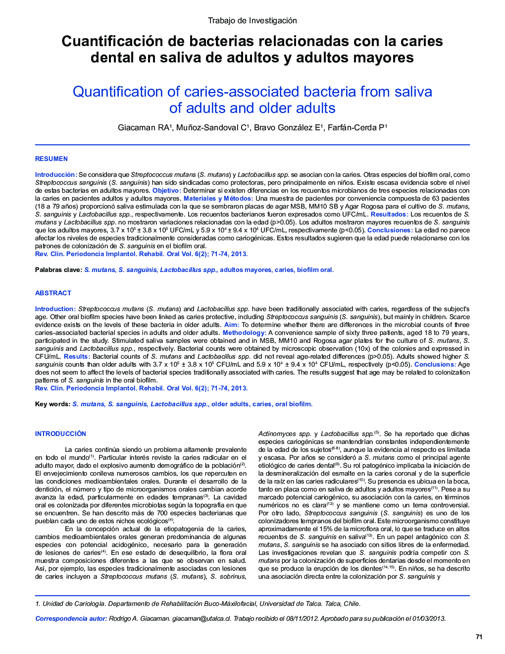 Cuantificación de bacterias relacionadas con la caries dental en saliva de adultos y adultos mayores