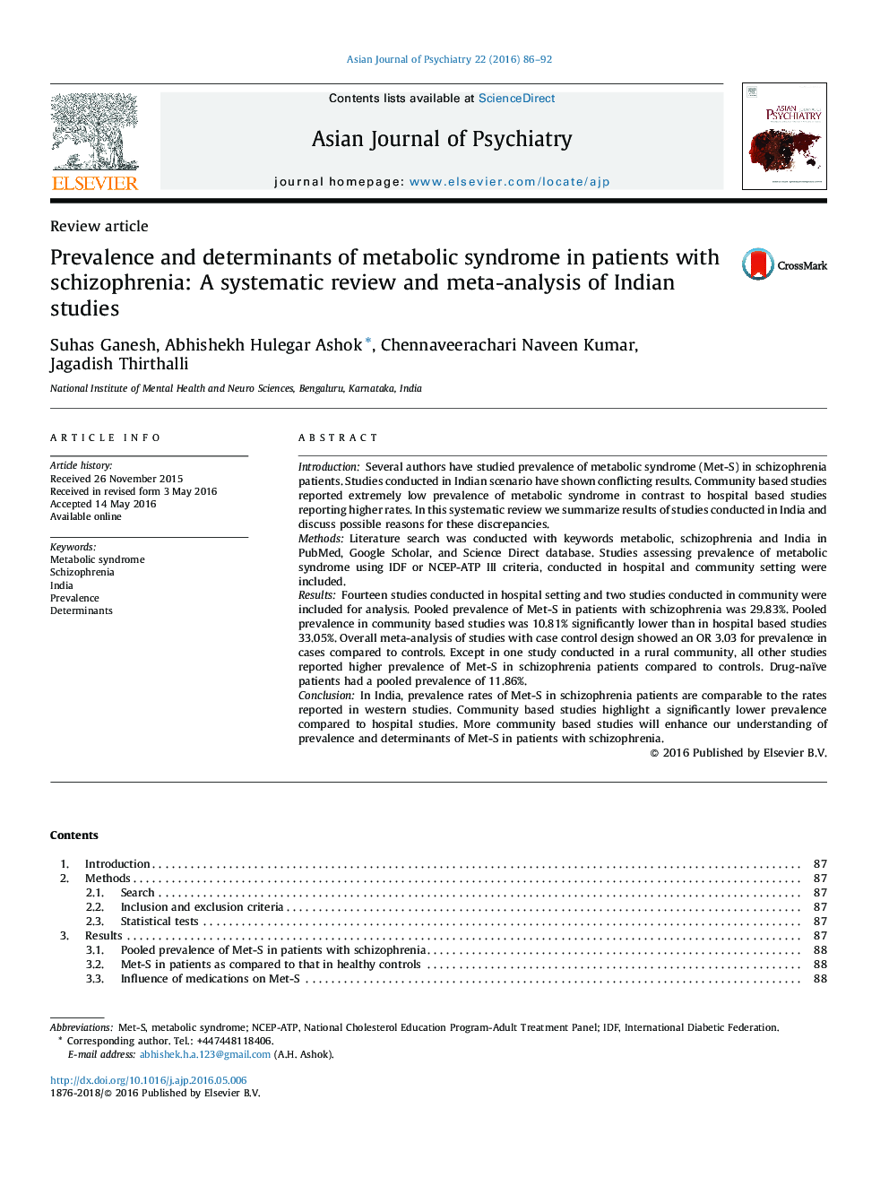 شیوع و عوامل موثر بر سندرم متابولیک در بیماران مبتلا به اسکیزوفرنی: بررسی سیستماتیک و متاآنالیز از مطالعات هند