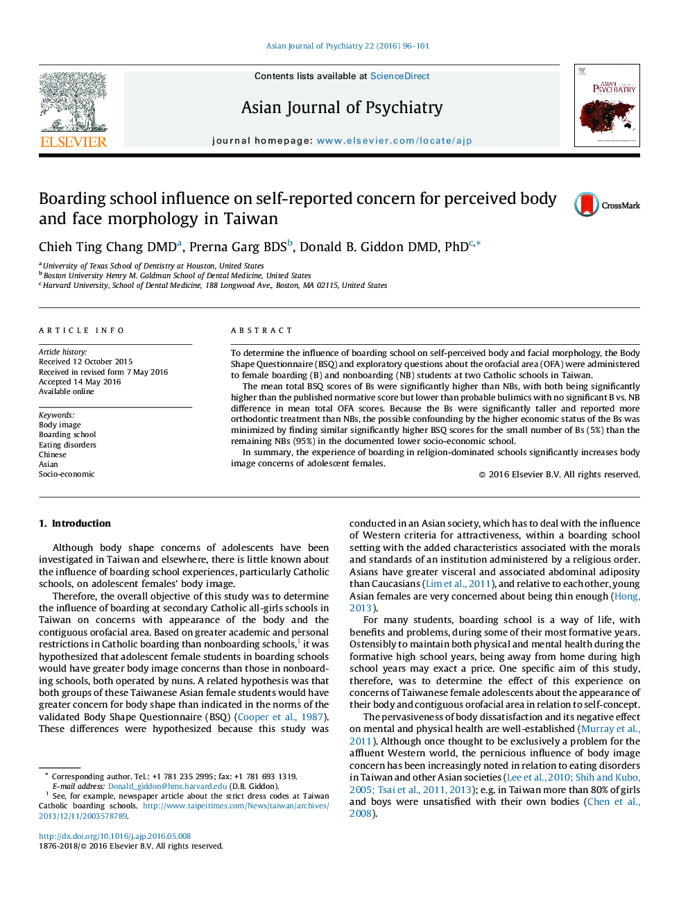 Boarding school influence on self-reported concern for perceived body and face morphology in Taiwan