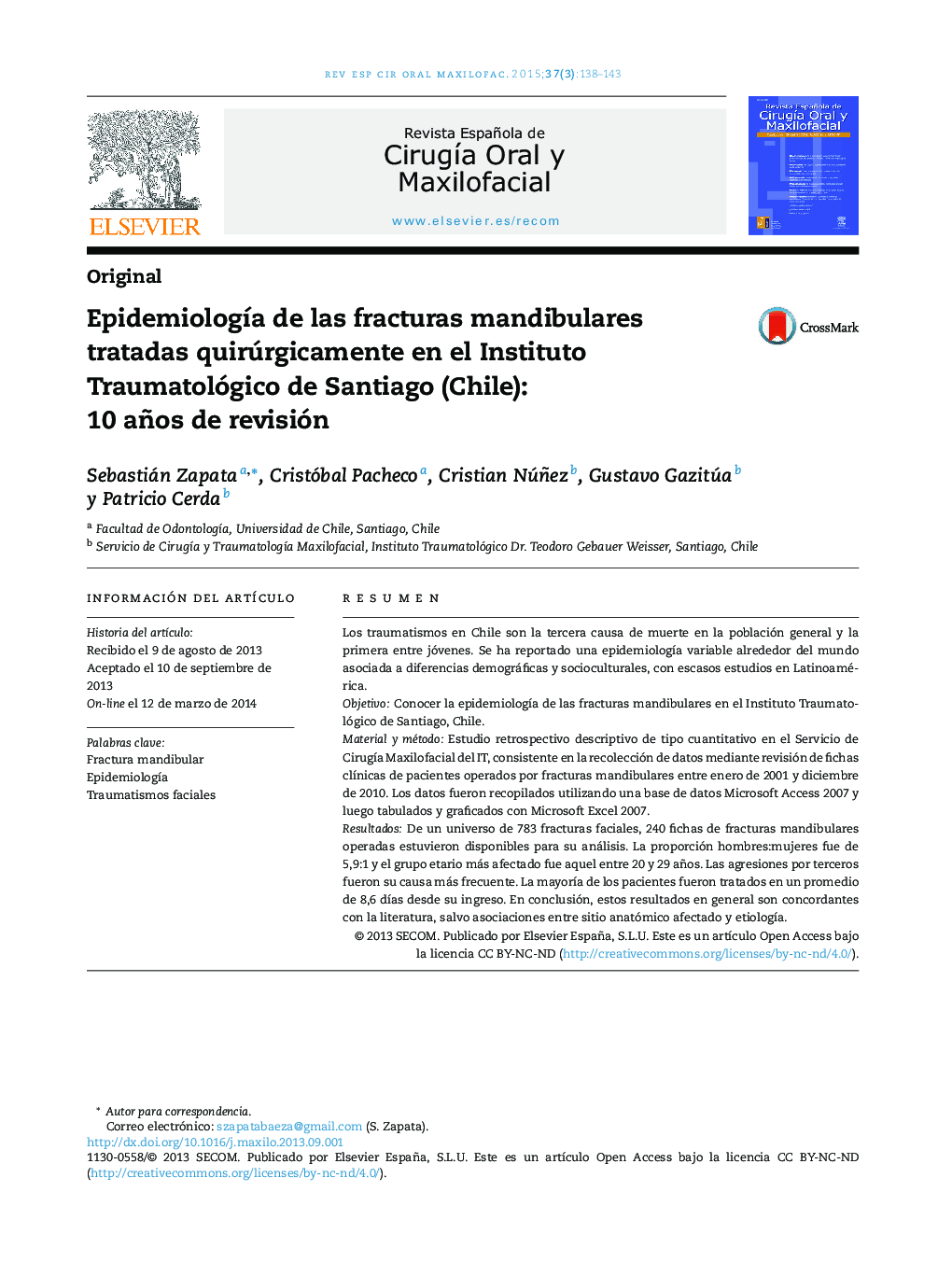 Epidemiología de las fracturas mandibulares tratadas quirúrgicamente en el Instituto Traumatológico de Santiago (Chile): 10 años de revisión