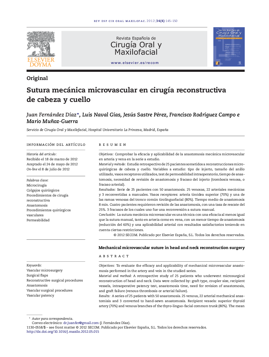 Sutura mecánica microvascular en cirugía reconstructiva de cabeza y cuello