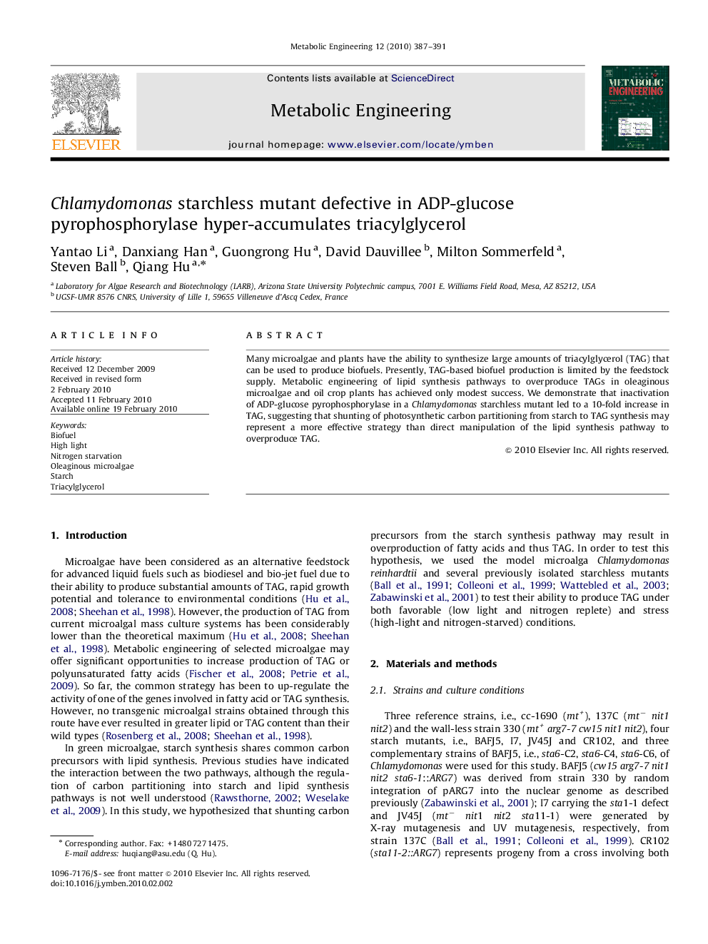 Chlamydomonas starchless mutant defective in ADP-glucose pyrophosphorylase hyper-accumulates triacylglycerol