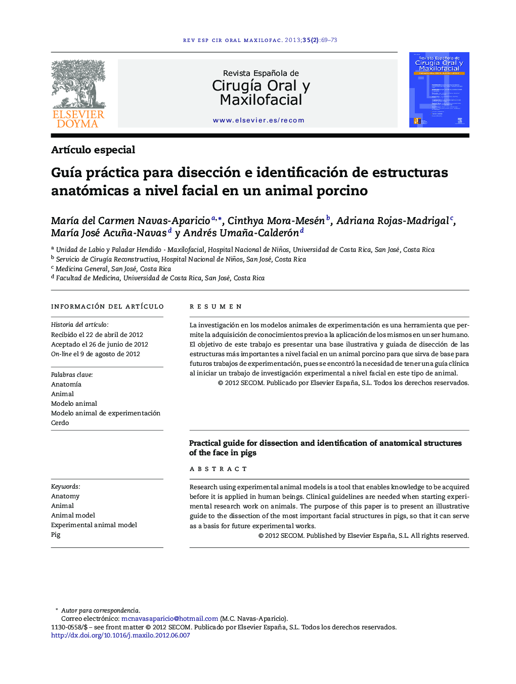 Guía práctica para disección e identificación de estructuras anatómicas a nivel facial en un animal porcino