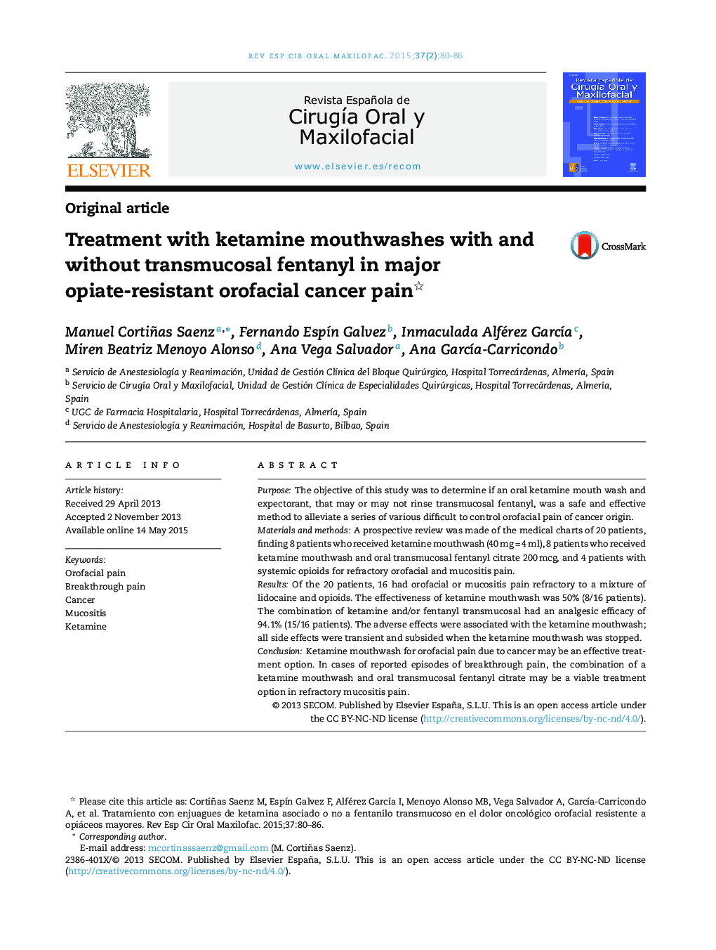 Treatment with ketamine mouthwashes with and without transmucosal fentanyl in major opiate-resistant orofacial cancer pain 