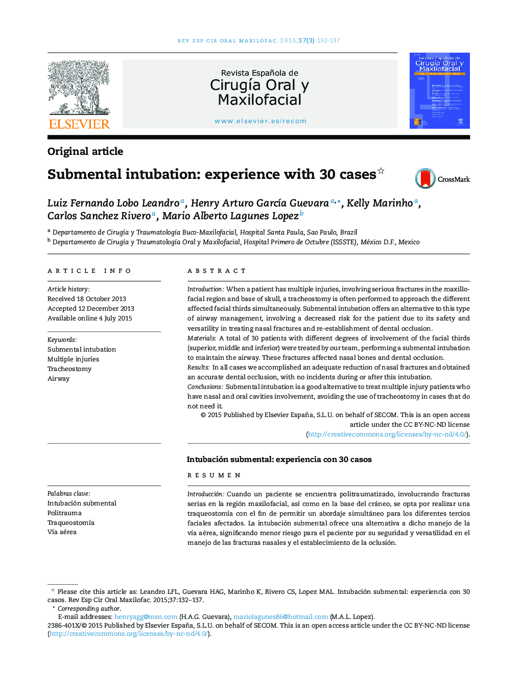 Submental intubation: experience with 30 cases 