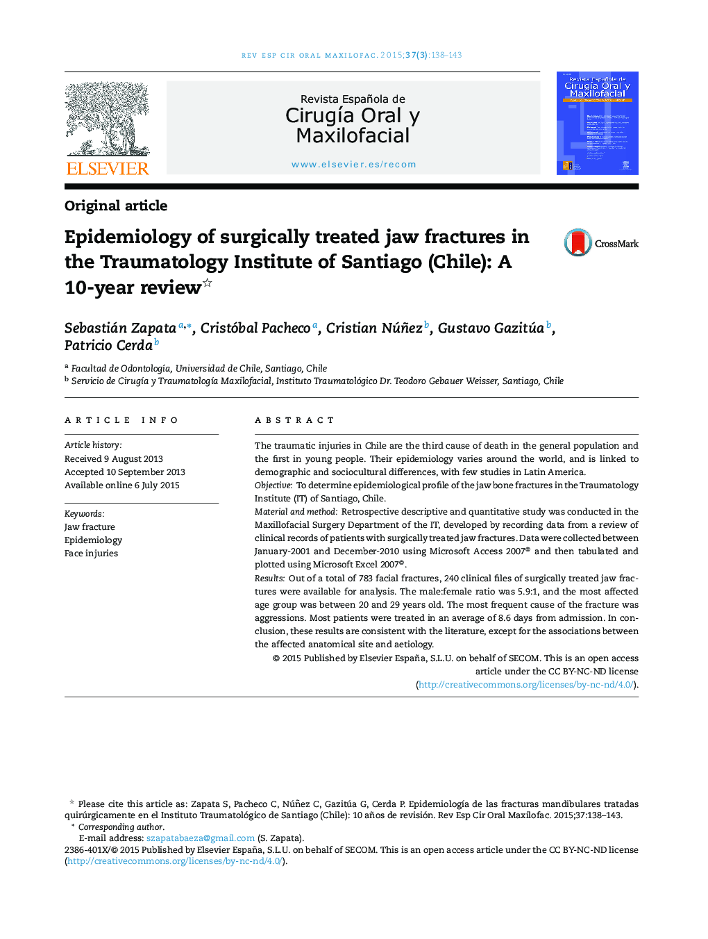 Epidemiology of surgically treated jaw fractures in the Traumatology Institute of Santiago (Chile): A 10-year review 