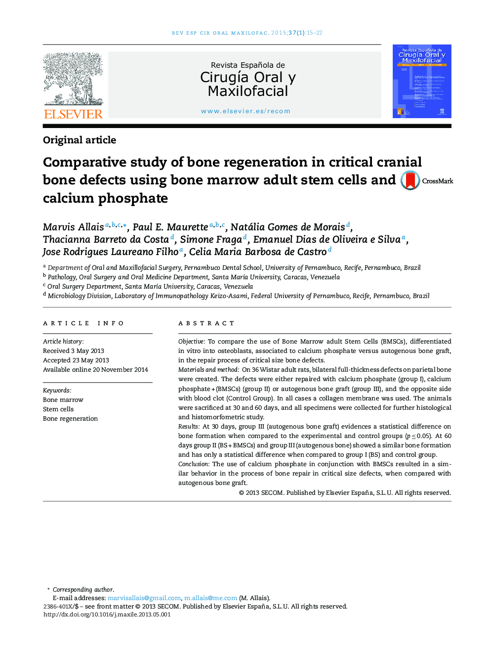 Comparative study of bone regeneration in critical cranial bone defects using bone marrow adult stem cells and calcium phosphate