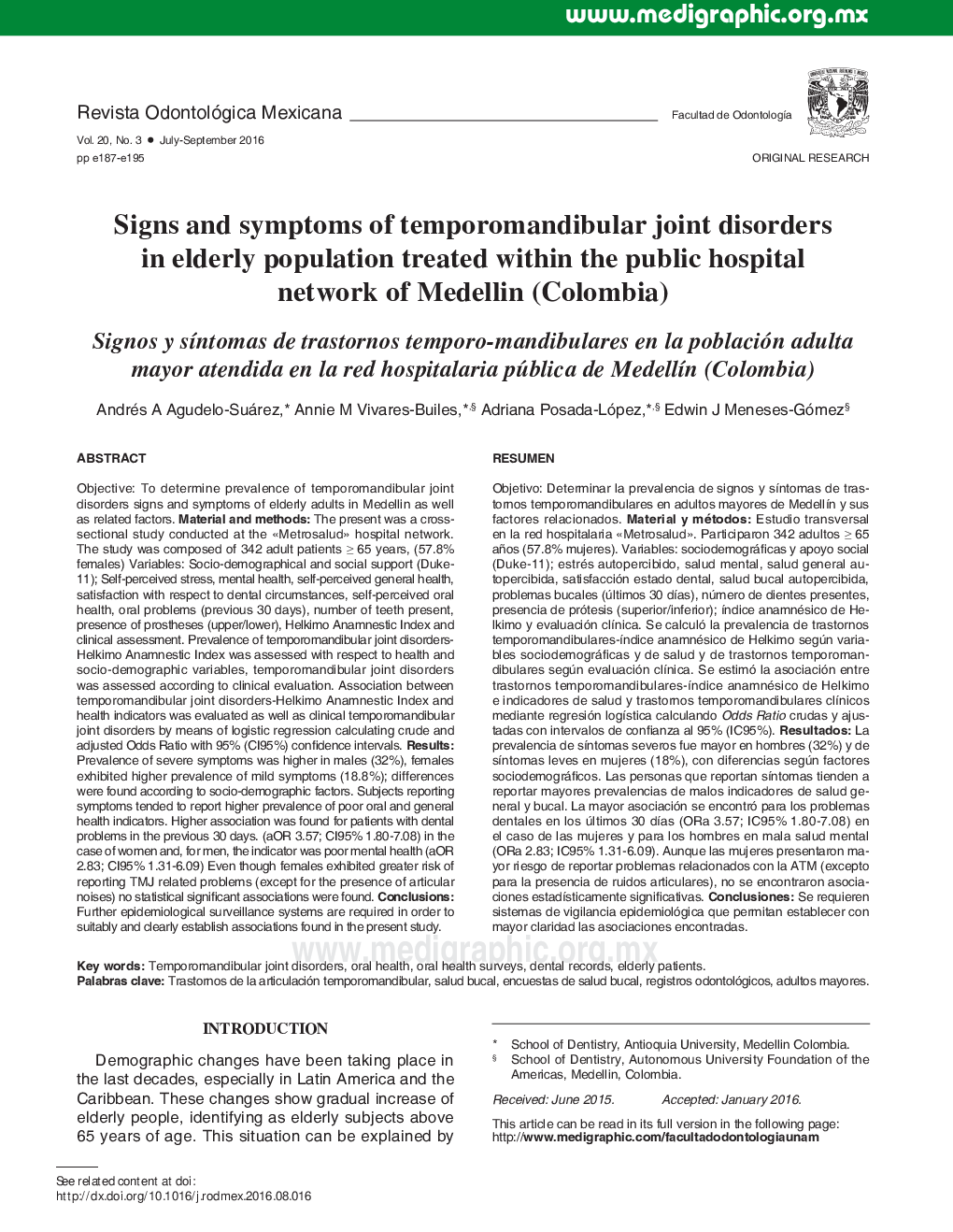 Signs and symptoms of temporomandibular joint disorders in elderly population treated within the public hospital network of Medellin (Colombia) 