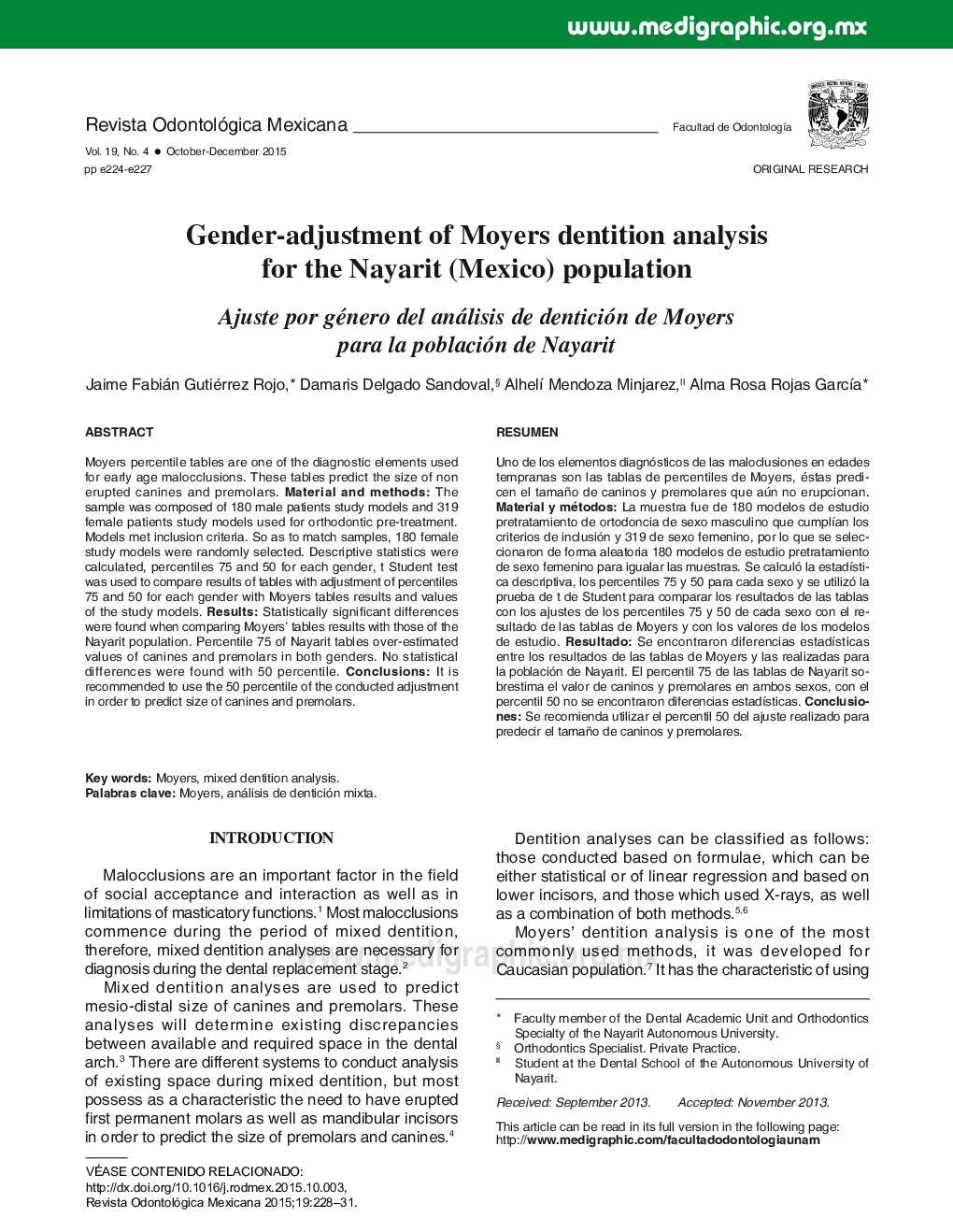 Gender-adjustment of Moyers dentition analysis for the Nayarit (Mexico) population