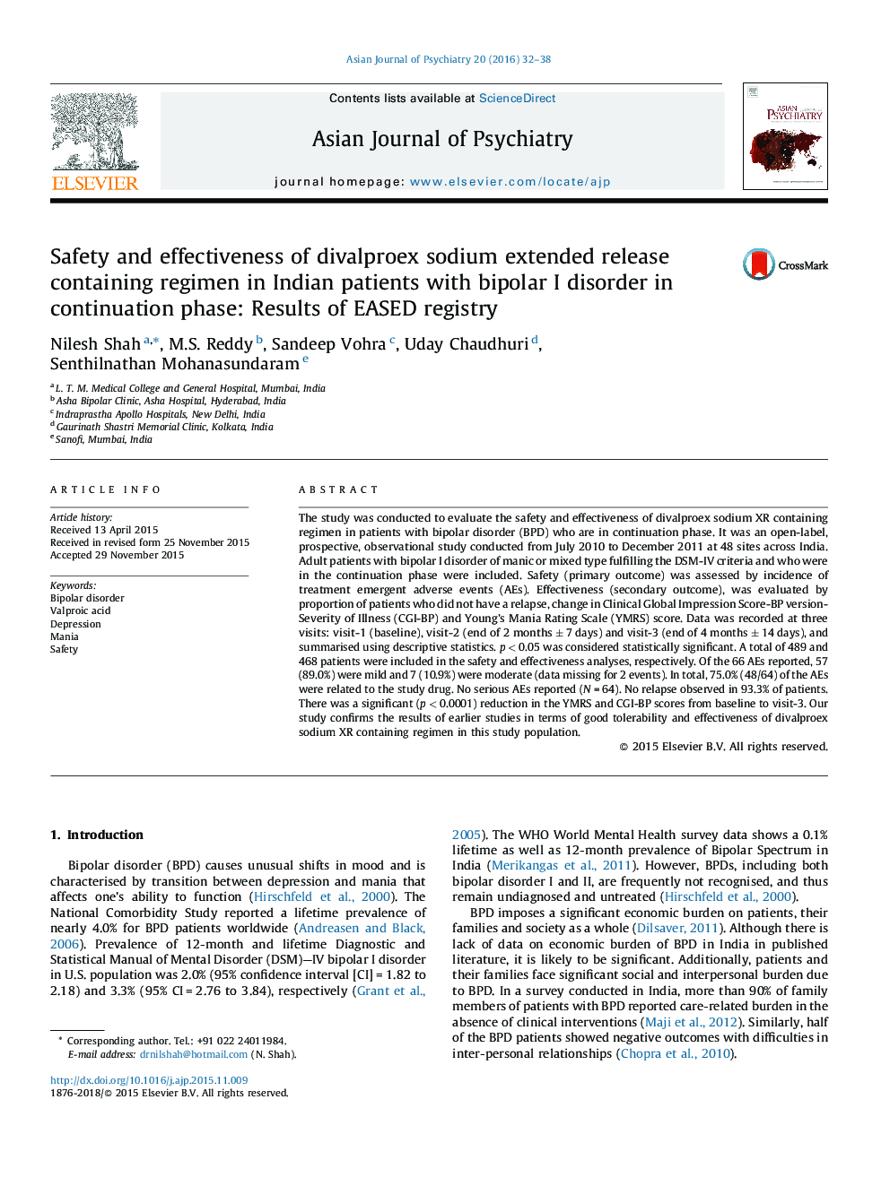 Safety and effectiveness of divalproex sodium extended release containing regimen in Indian patients with bipolar I disorder in continuation phase: Results of EASED registry